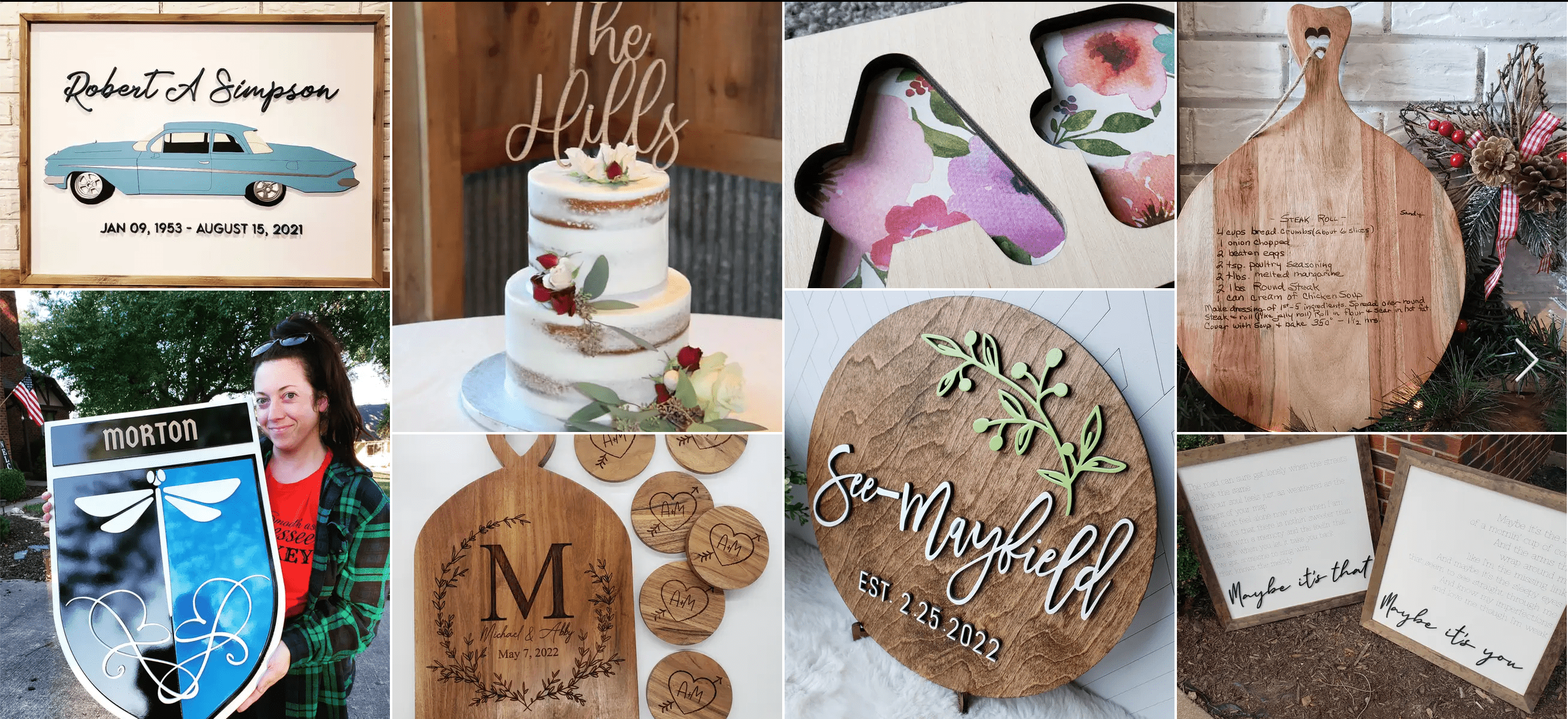 A compilation of product photos.(cutting board, cake topper, family name sign, wall art, and wooden name puzzle.
